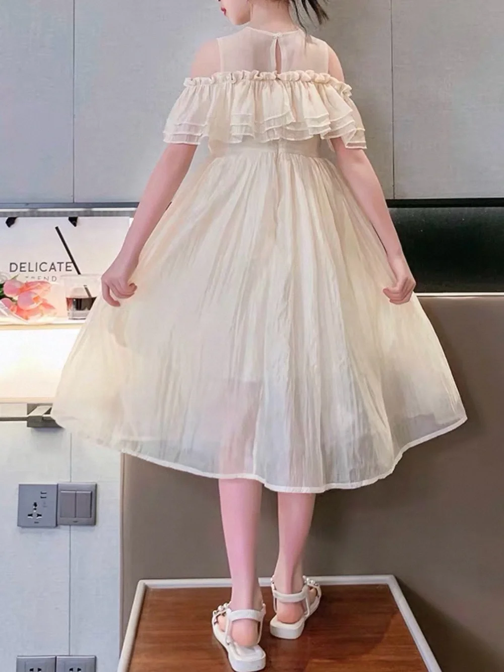 Ivory Ruffled Off-Shoulder Tulle Dress - Picture 2 of 3